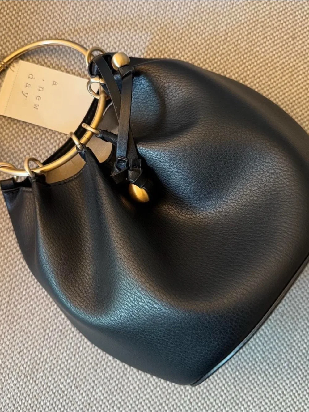 Women’s Black Leather-Textured Bucket Bag with Gold Ring Handle